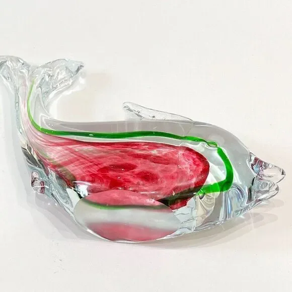 Vintage MCM Murano Fish Art Glass Sculpture Home Decor Green Pink 9 X 7 - Picture 5 of 9